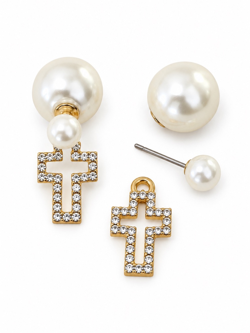 White Pearl & Gold Rhinestone Detachable Removable Cross Double Sided Earrings